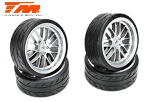 Reifen - 1/10 Drift - montiert - 8 Spoke Fog Silber Felgen - 12mm Hex - Radials 2.2 (4 Stk.)