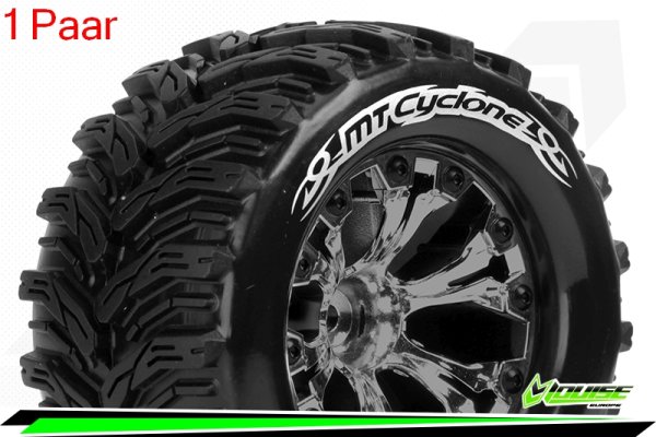 Louise RC - MT-CYCLONE - 1-10 Monster Truck --Inhalt: 2 Reifen-- Fertig Verklebt - Soft - Felgen 2.8 Schwarz-Chrom - Hex 14mm - L-T3226SBCM