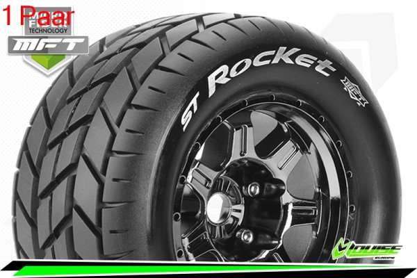 Louise RC - MFT - ST-ROCKET - 1-8 Stadium Truck --Inhalt: 2 Reifen-- Fertig Verklebt - Sport - Bead Style 3.8 Felgen Schwarz-Chrom - 0-Offset - Hex 17mm - L-T3324BC