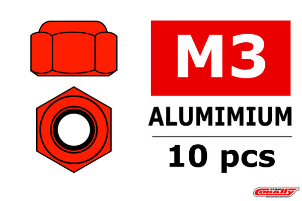 Team Corally - Aluminium Sechskantmutter Selbstsichernd - M3 - Rot - 10 St