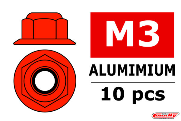Team Corally - Aluminium Sechskantmutter Selbstsichernd - M3 - mit Bund - Rot - 10 St