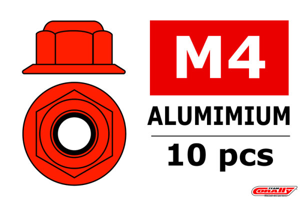 Team Corally - Aluminium Sechskantmutter Selbstsichernd - M4 - mit Bund - Rot - 10 St