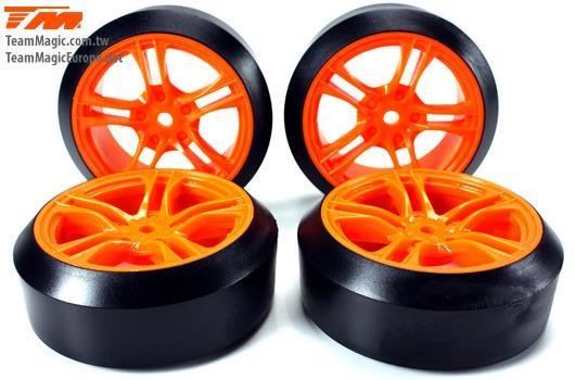 Reifen - 1/10 Drift - montiert - 5 Spoke Orange Felgen - 12mm Hex - 45° - Hard (4 Stk.)