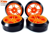 Reifen - 1/10 Drift - montiert - 5 Spoke Orange Felgen - 12mm Hex - 45&deg; - Hard (4 Stk.)